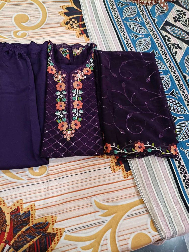 Purple Embroidered Plazzo Kurti With Dupatta