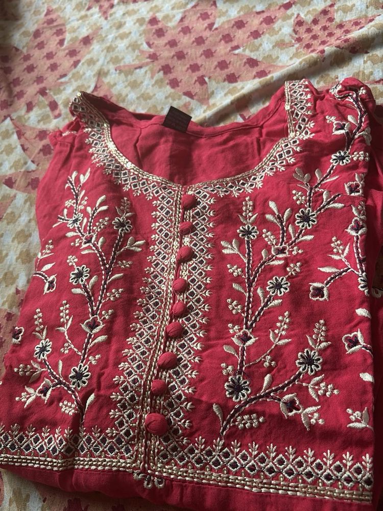 Red Embroidered Kurta