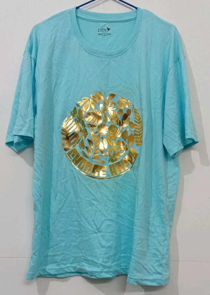 Aqua Blue T-Shirt with Metallic Gold Leaf Graphic