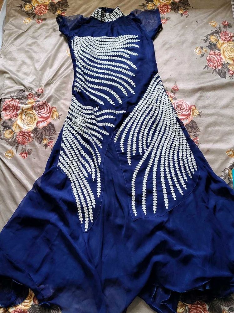Elegant Navy Blue Golden Embroidery Dress