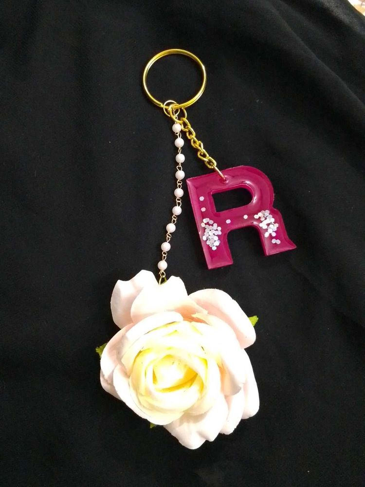 Pink Initial R Floral Keychain
