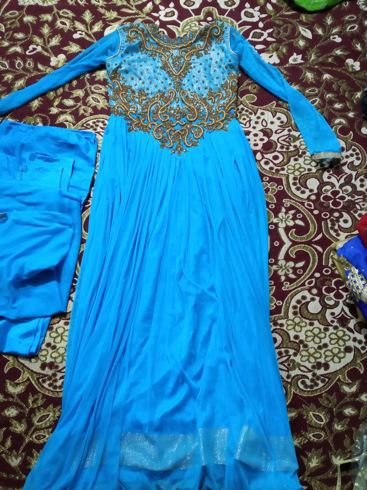 Blue Partywear Gown With Dupatta And Pajama