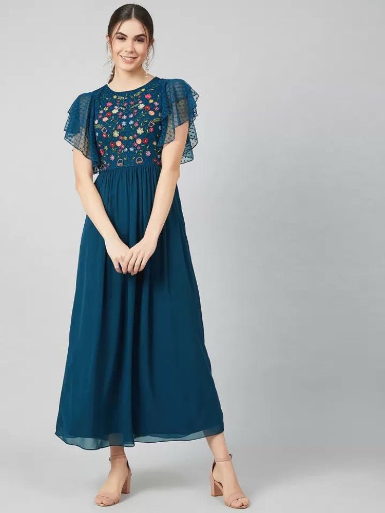 Floral Embroidered Teal Dress
