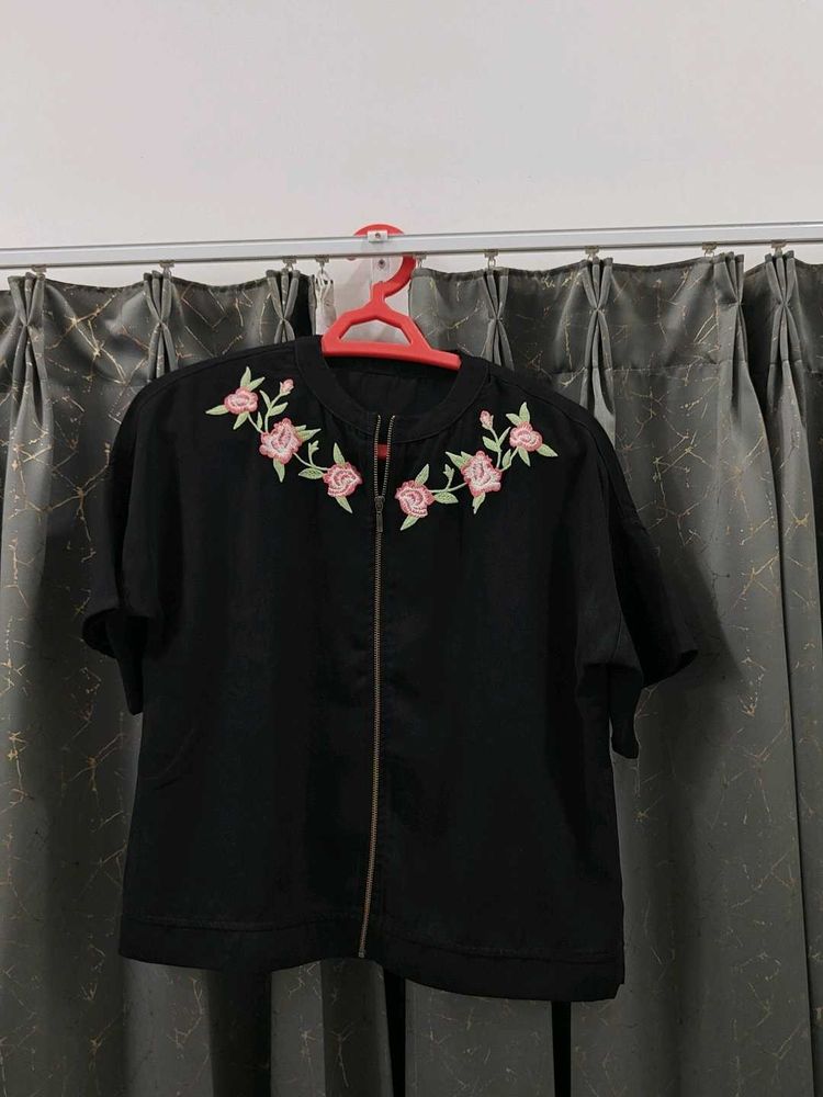 Floral Embroidered Black Chain Top