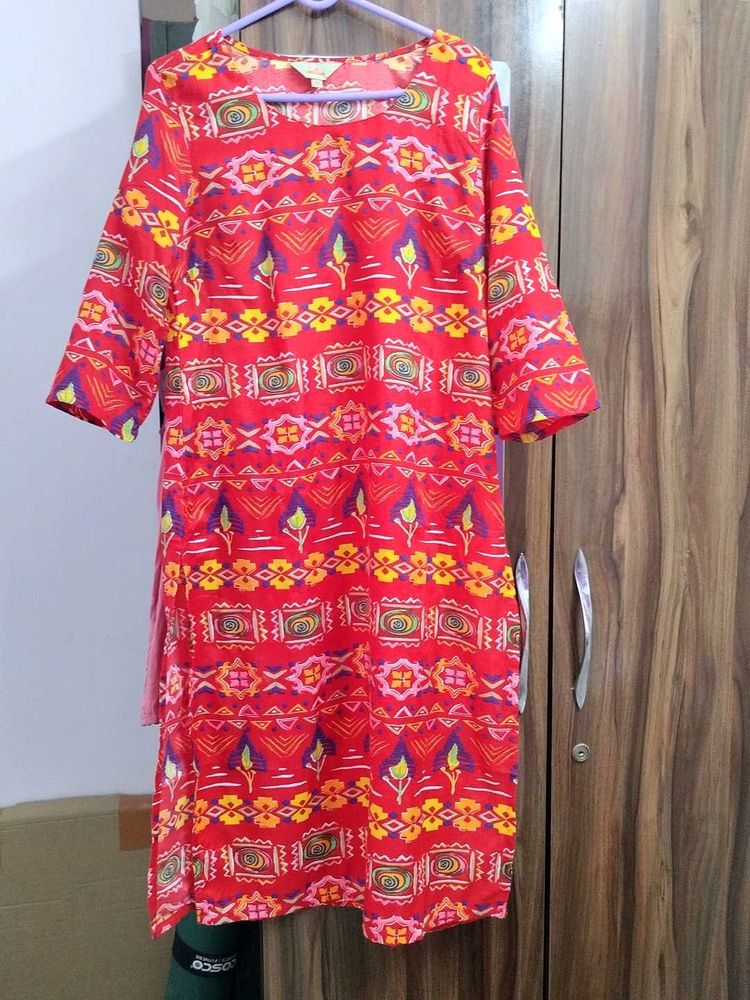 Red Printed Straight Kurta