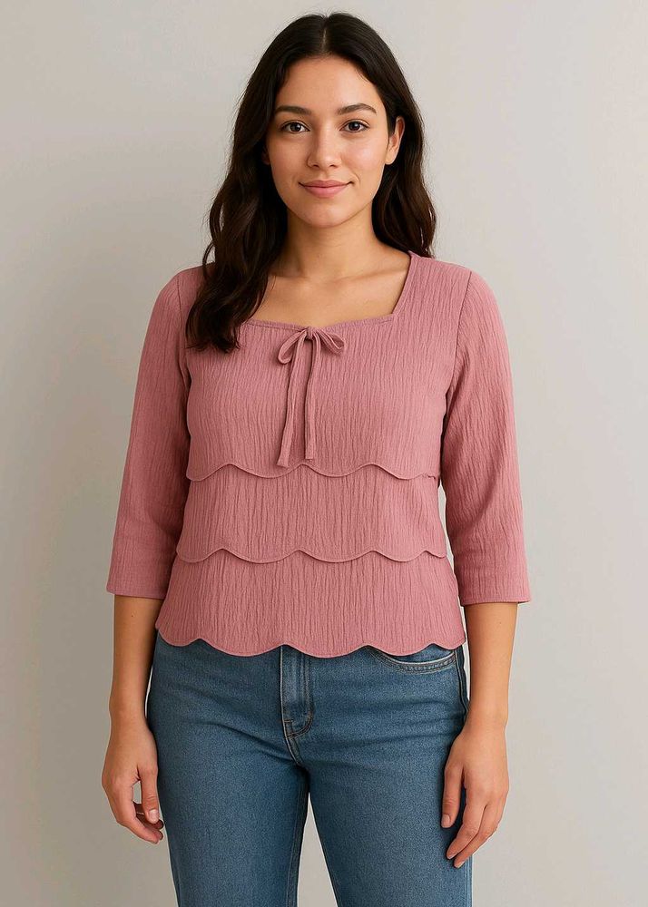 Scalloped Pink Top with Tie Detail