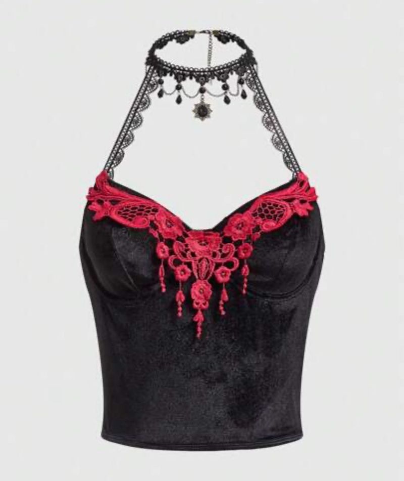 Gothic Lace Trim Halter Top