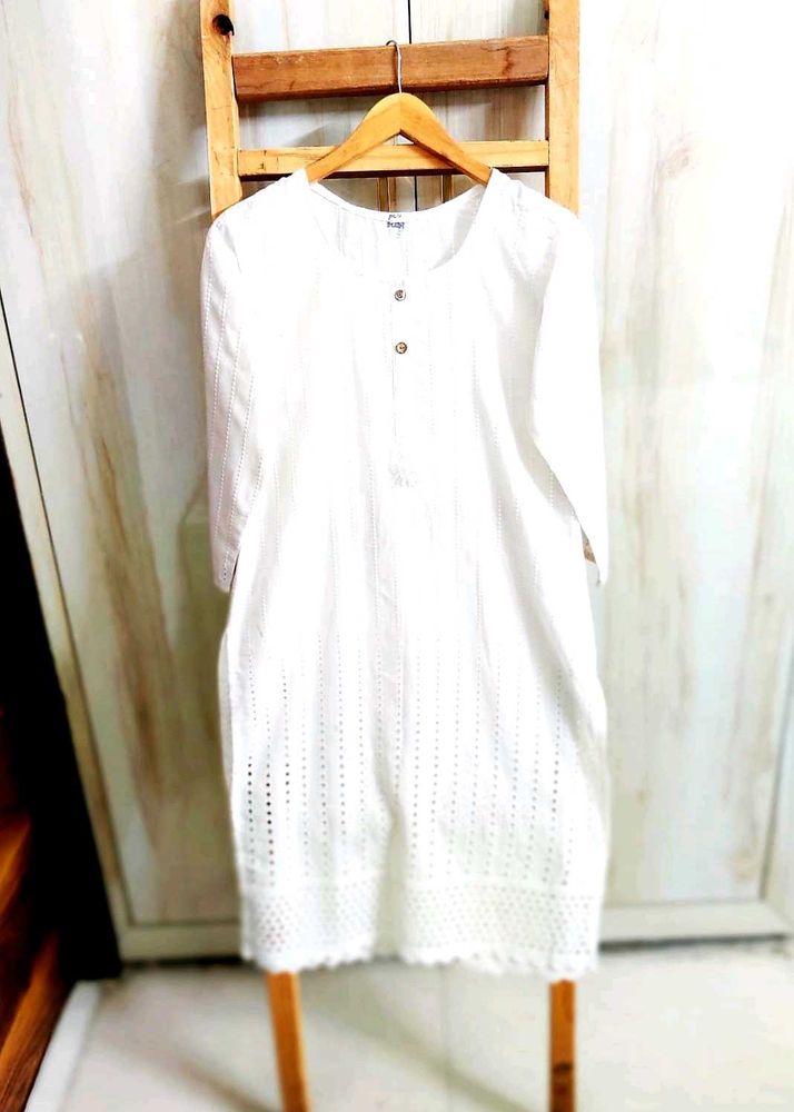 Embroidery Work White Cotton Kurti Size-34