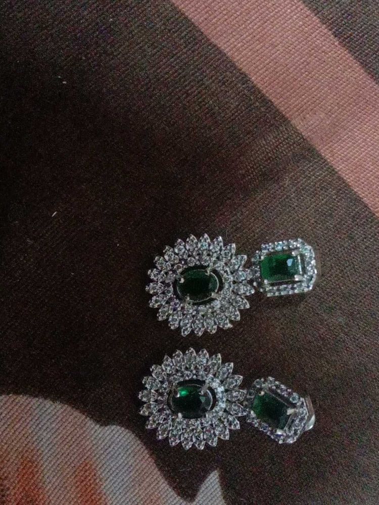 Emerald &amp; Silver Statement Earrings