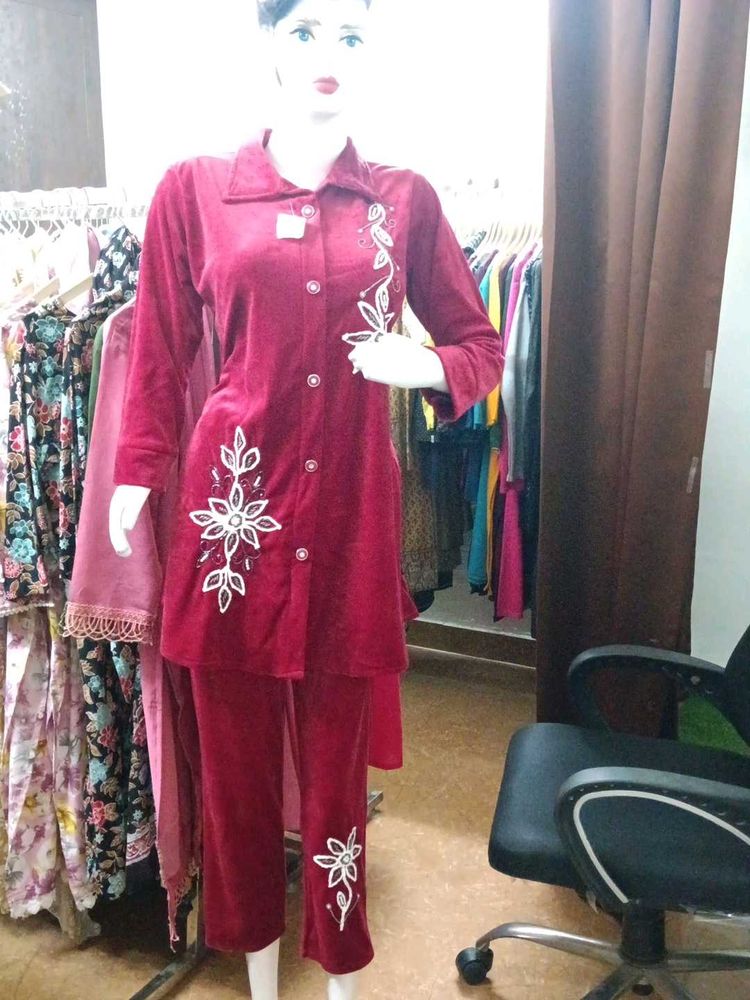 Party Wear Elegant Maroon Velvet Coord Set Suit