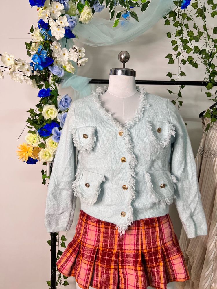 Fringe Trim Tweed baby blue Jacket