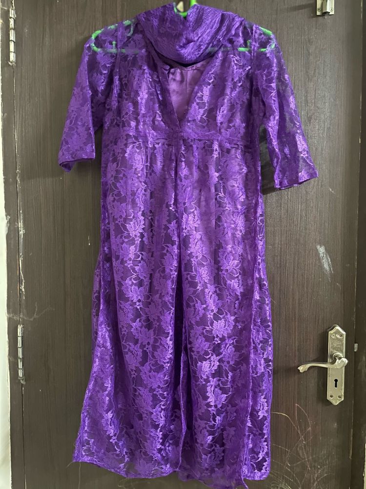 Purple Net Kurta With Camisole