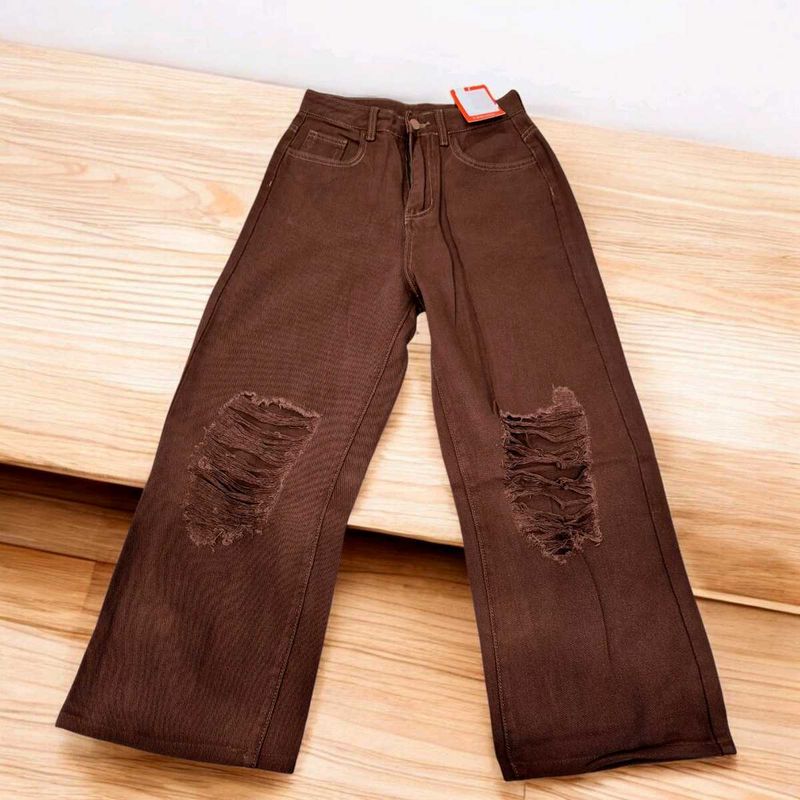 Brown Distressed Wide-Leg Jeans for Women