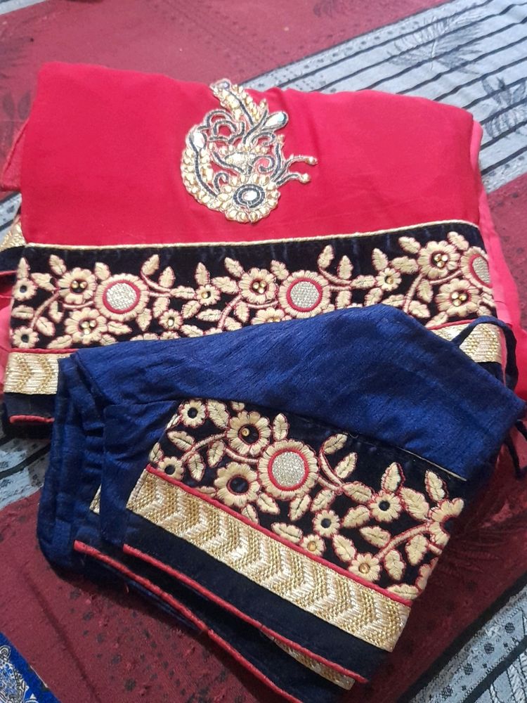 Red Contrast Sari With Ready Blouse
