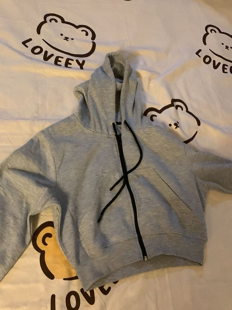 Gray Cropped Zip-Up Hoodie
