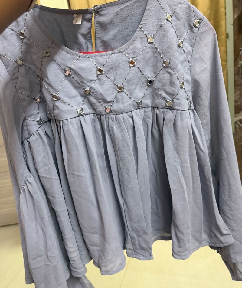 Cute Blue Mirror Embellished Top