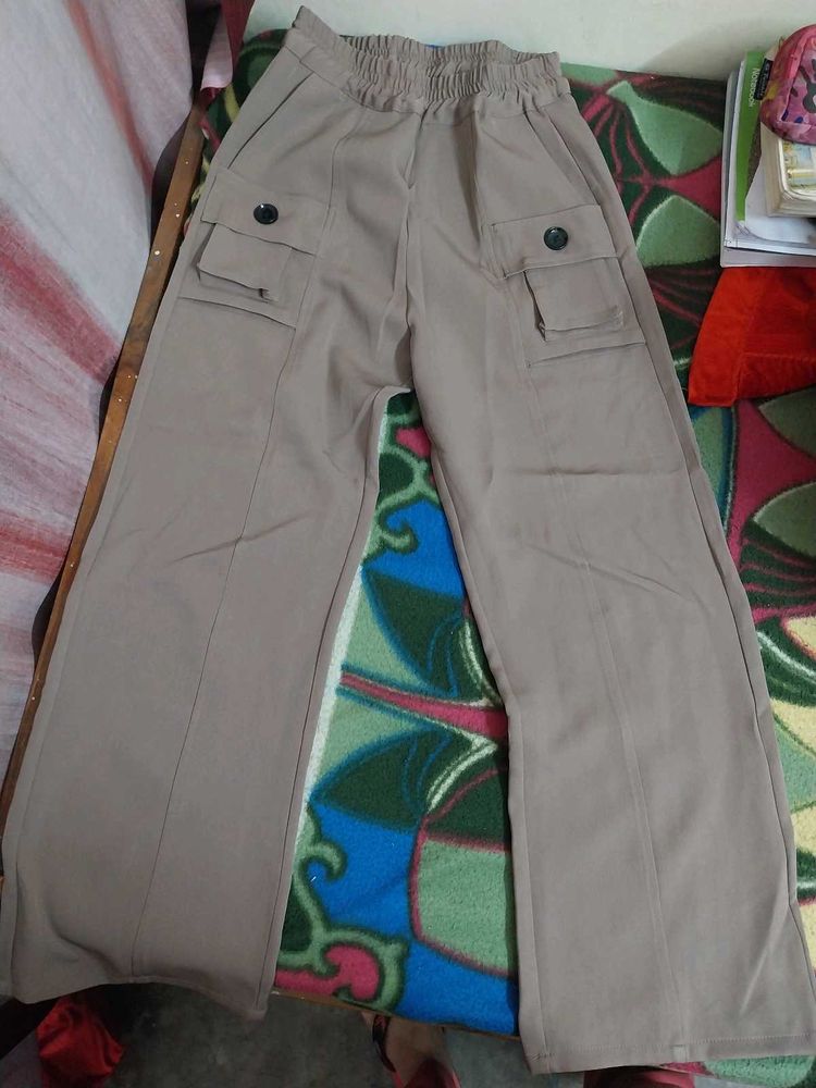 Beige Wide Leg Cargo Pants