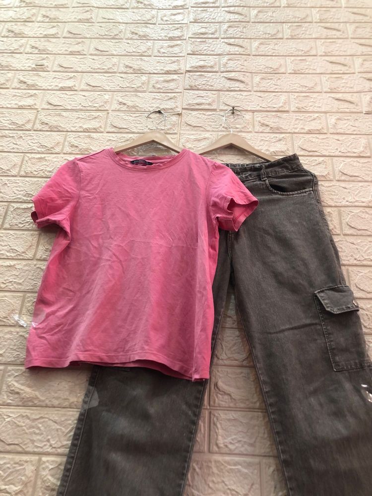 Pink shirt and grey cargo pant combo set🌈🚀🍬