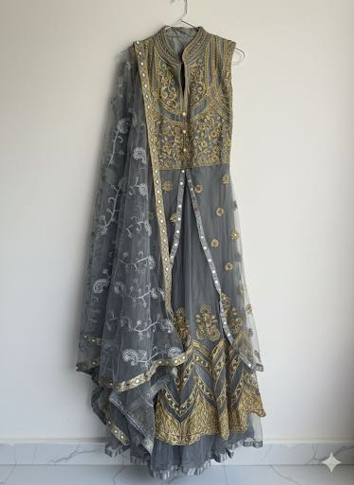 Elegant Grey &amp; Gold Anarkali Kurta Set with embroi