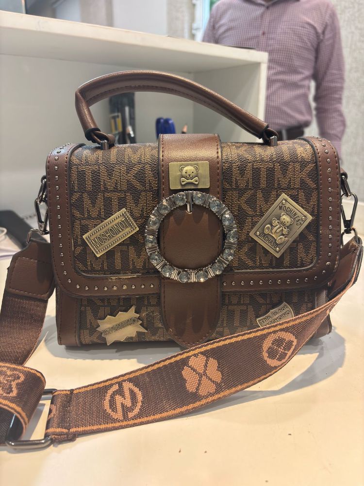 Brown Patterned Satchel with Embellishments