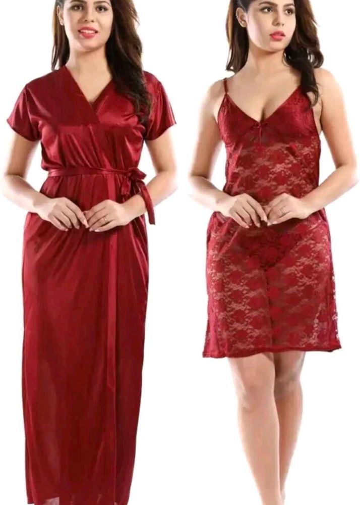 Women Red Satin Lace Nighty With Robe