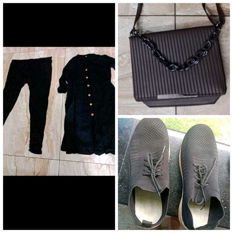 Black Kurta Set And Shoes+ Brown Leather Bag Combo
