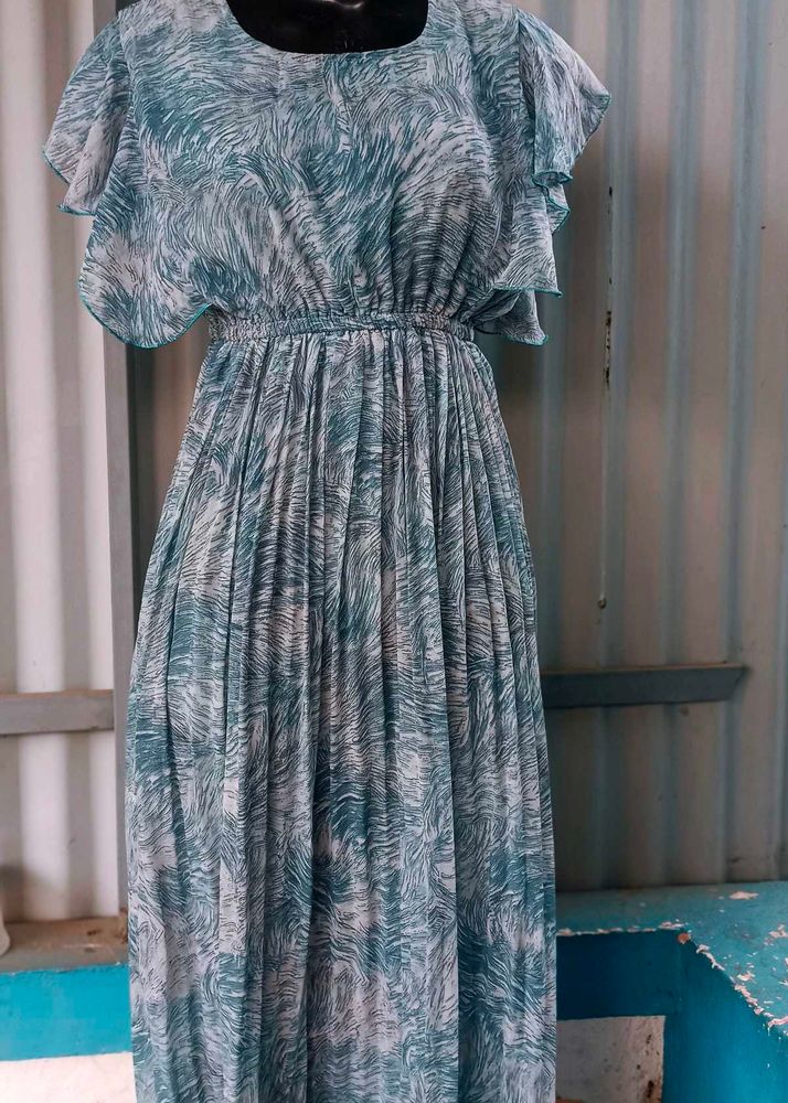 Aqua Print Flutter Sleeve Maxi Dress