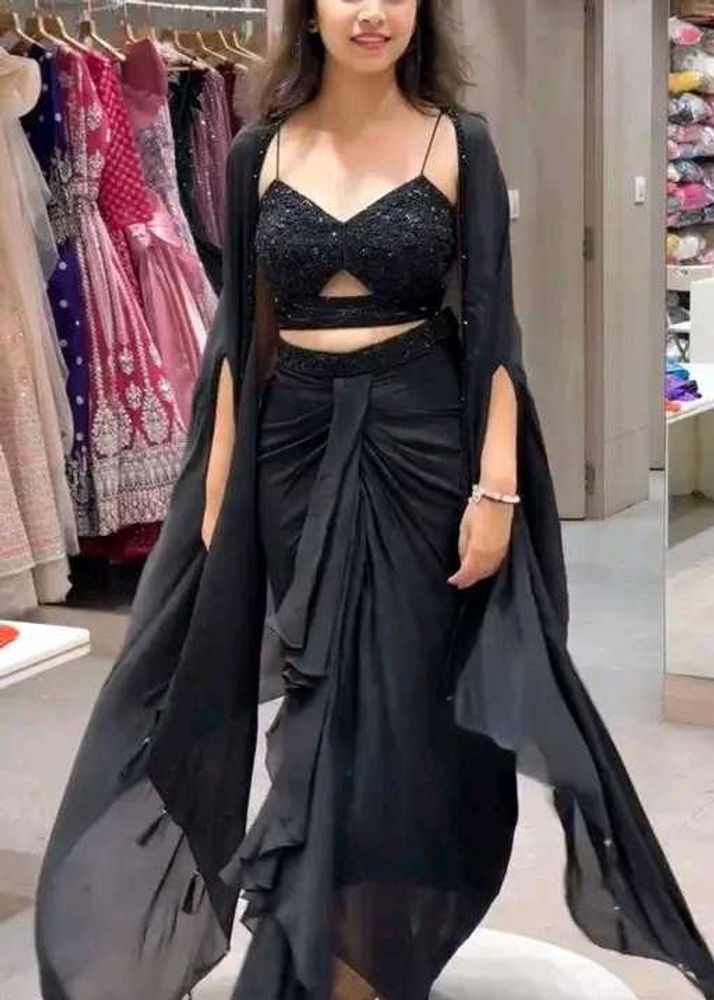 **Midnight Luxe Draped Dhoti &amp; Shrug Choli**