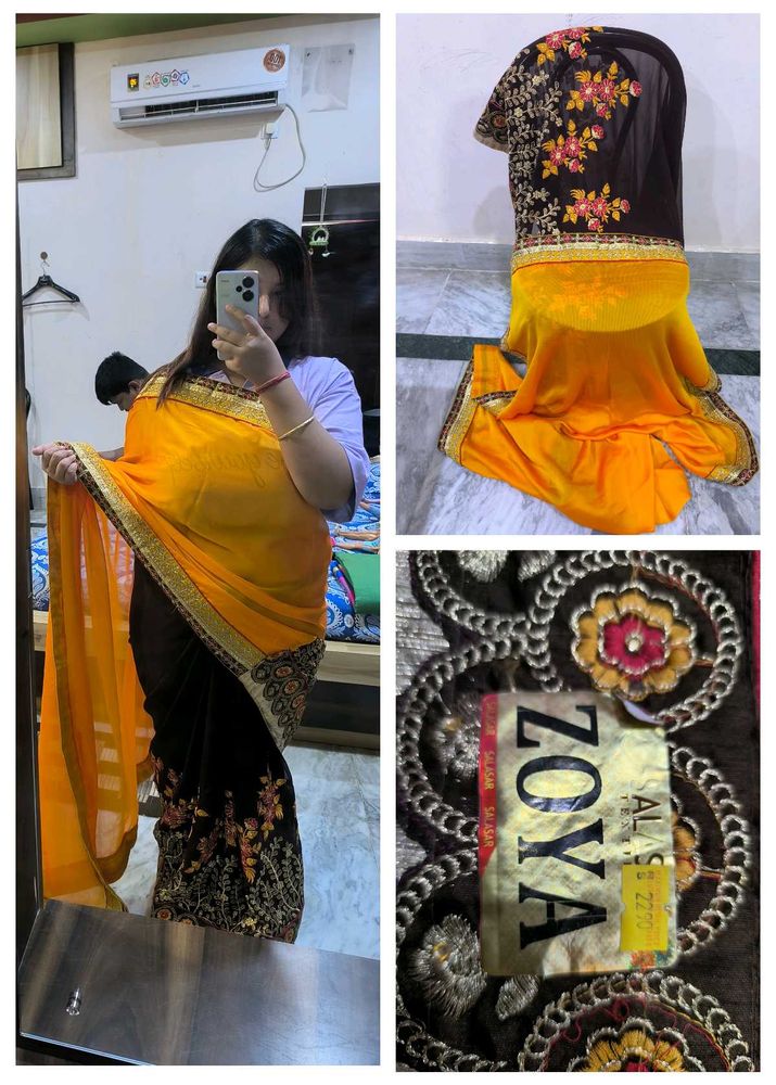 Elegant Yellow and Brown Embroidered Saree