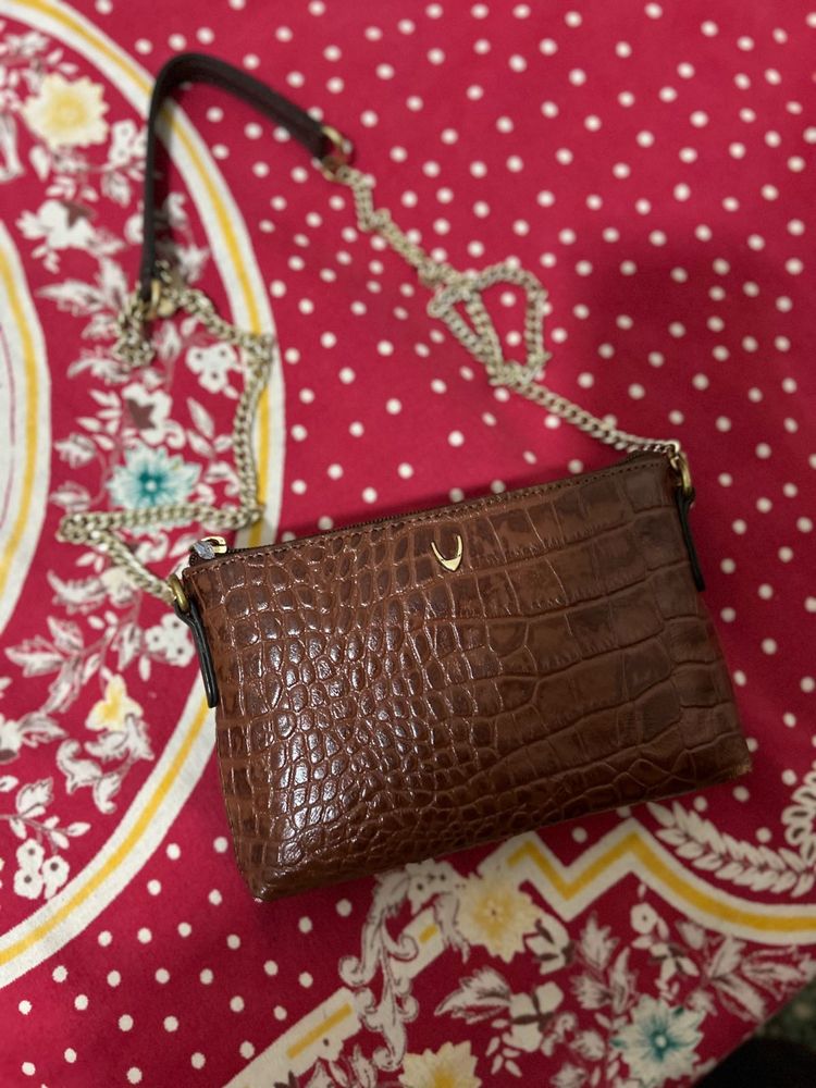 Brown Croc-Embossed Chain Bag