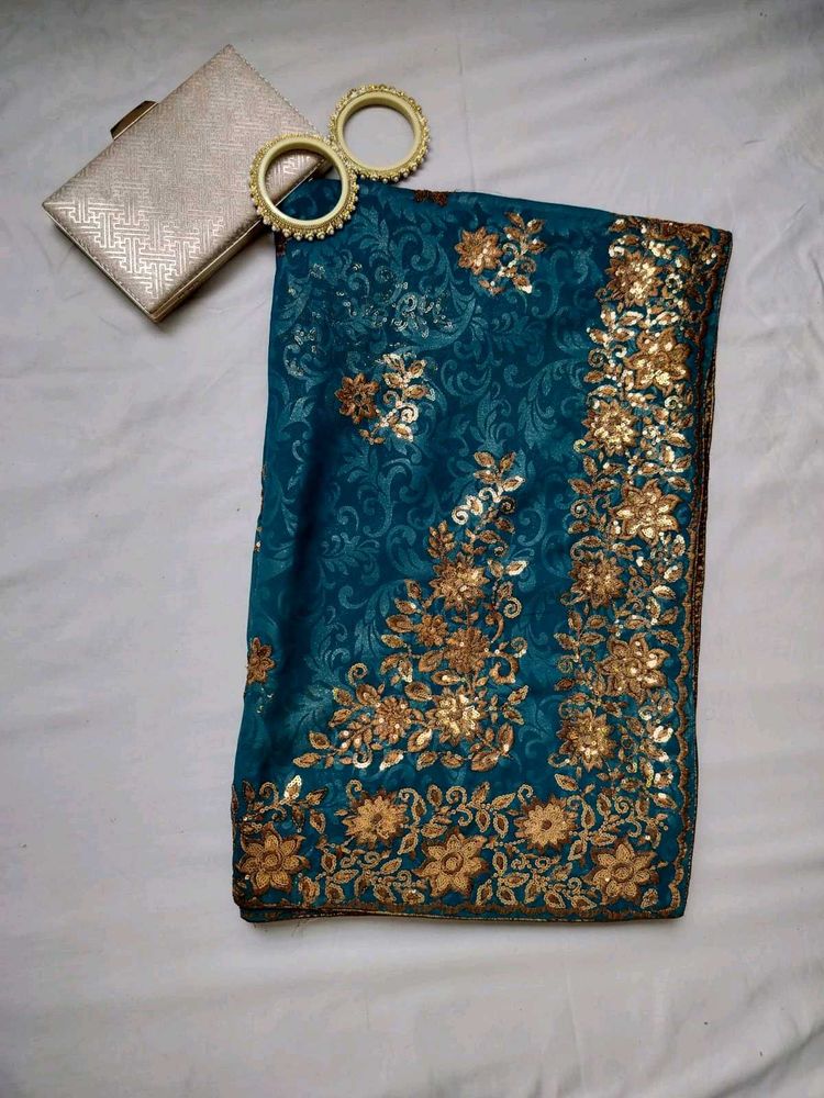 Teal &amp; Gold Embroidered Saree