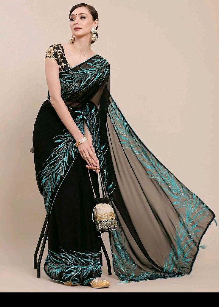 Elegant Black &amp; Embroidery Border Saree