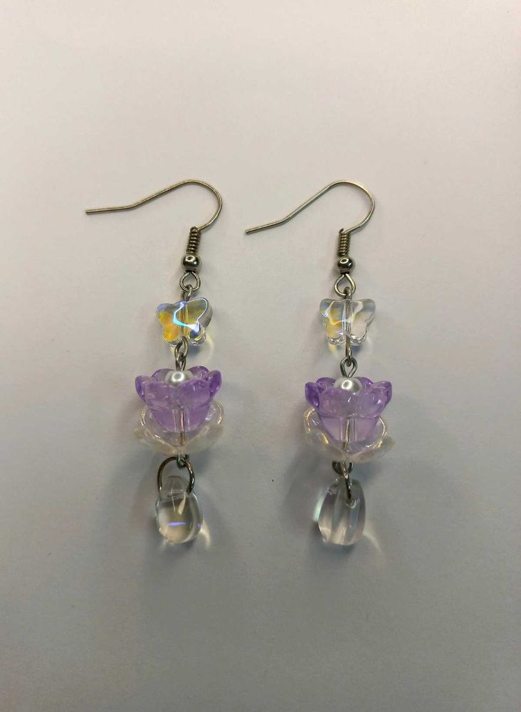 💜 Handmade Beaded Purple Floral Drop Earrings