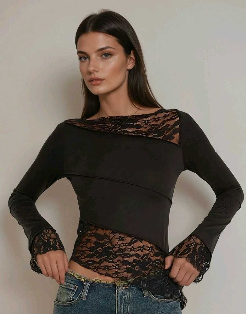 Lacy Asyemetrical Hem Mesh Top