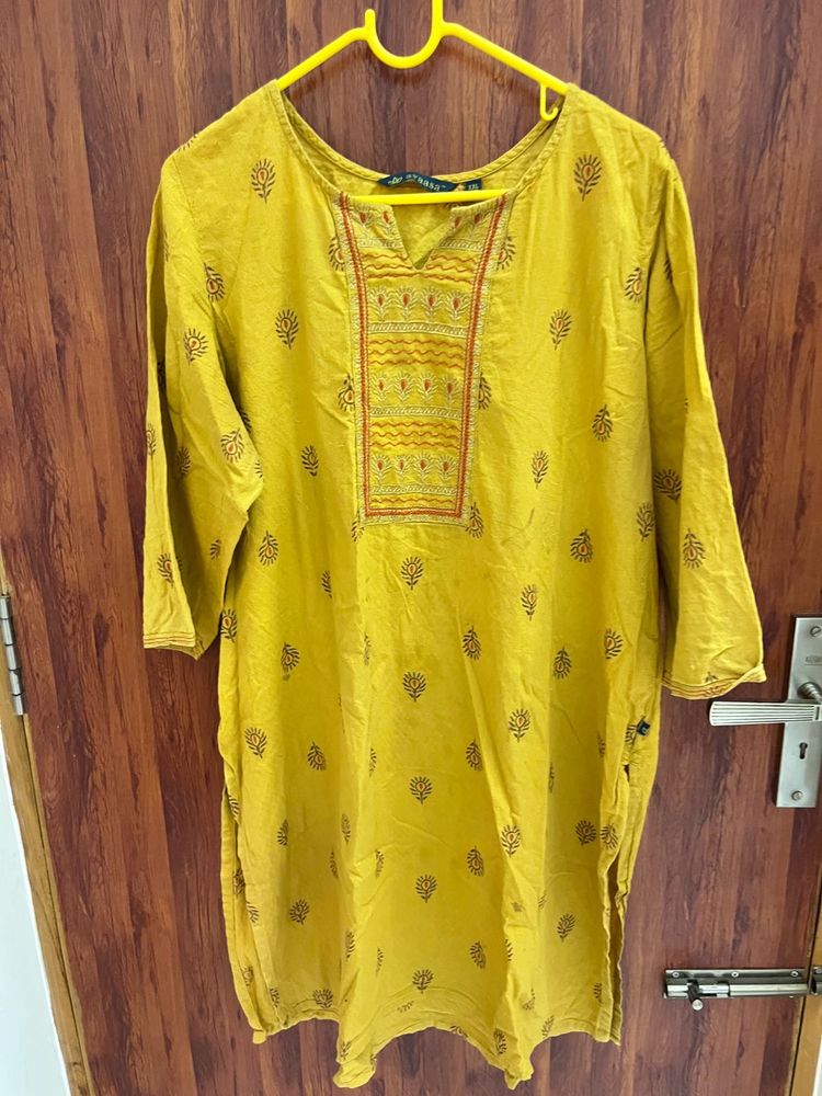 Yellow Embroidered Kurti