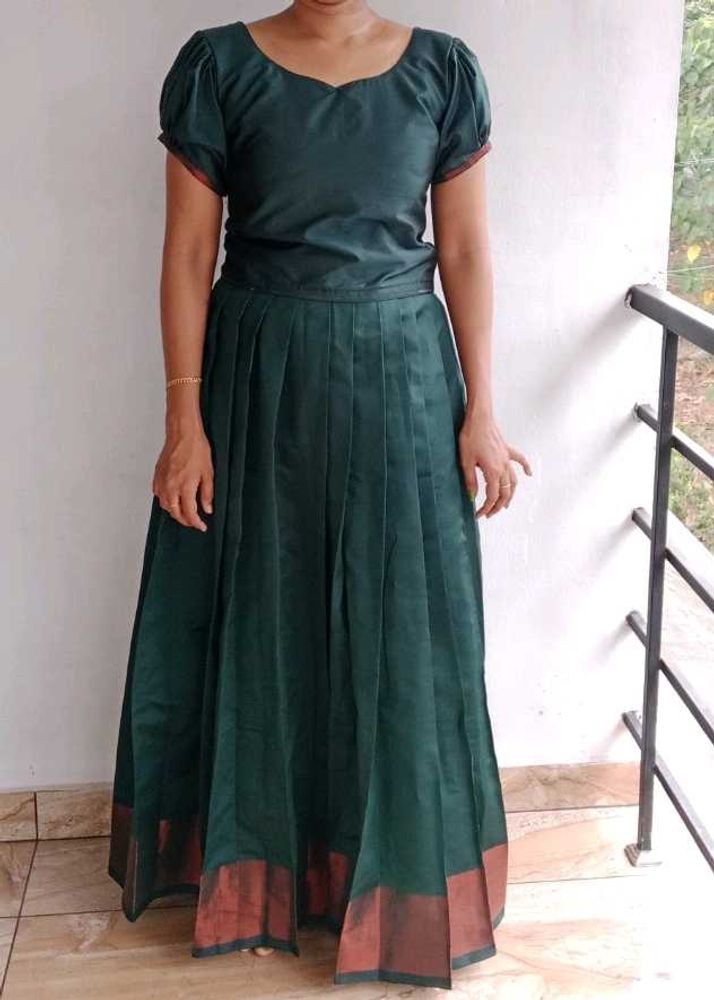 Green Pattupavada With 2 Blouses