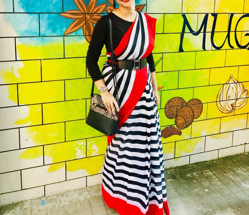 Striped Saree With White, Red And Black Colour