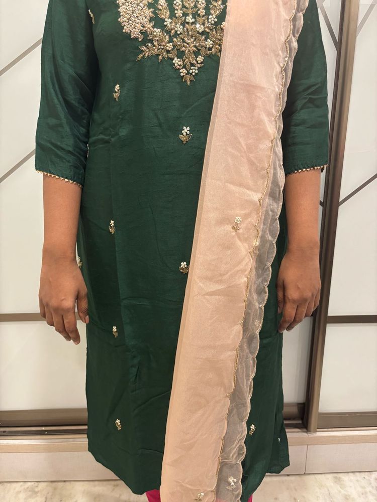 Green Top With Pink Organza Dupatta Jardosi Work