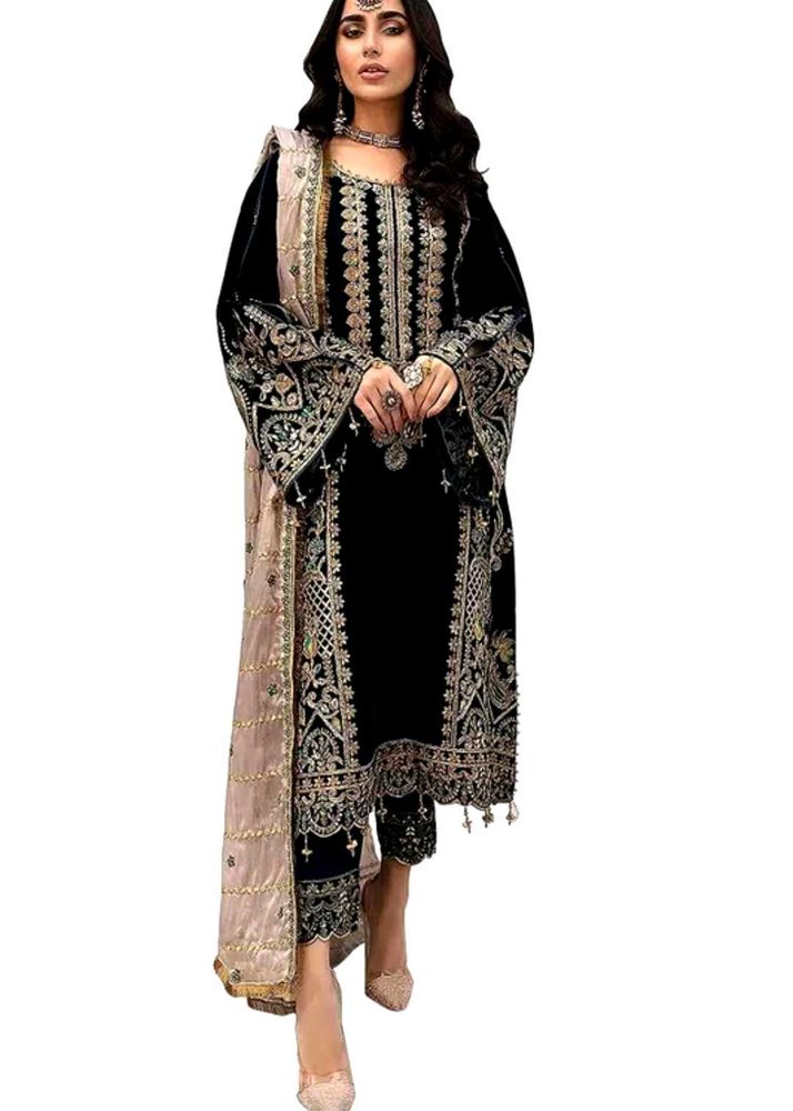 Semi Stitched Pakistani Suit Black Embroidered
