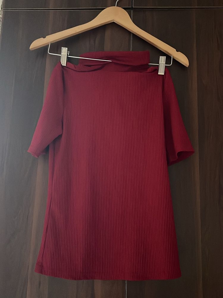 Turtle Neck Red Fitted Top