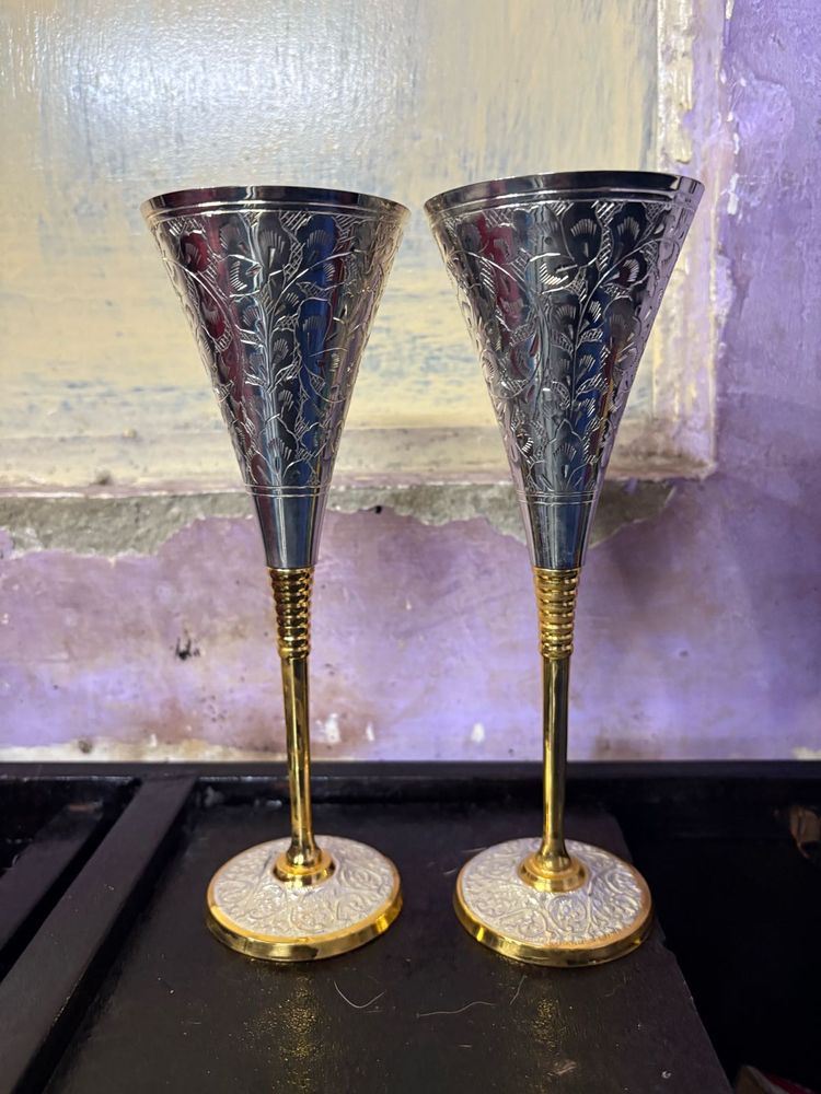 Vintage Silver &amp; Gold Etched Wine Glasses
