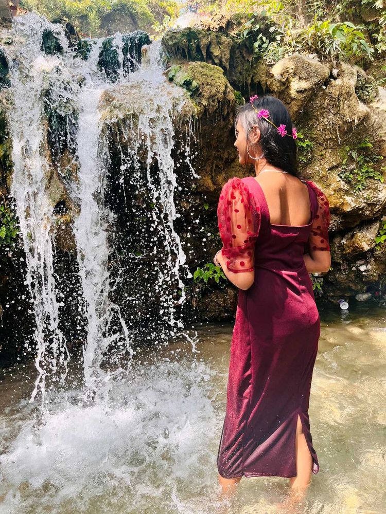 Burgundy Puff Sleeve Midi Dress