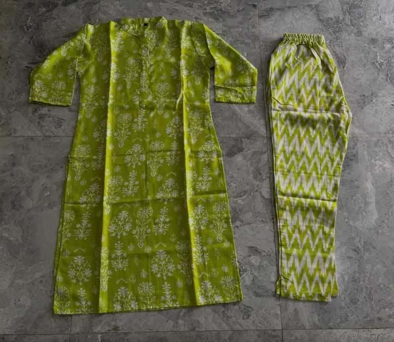 Vibrant Fluorescent Green Printed Cotton Kurta Set