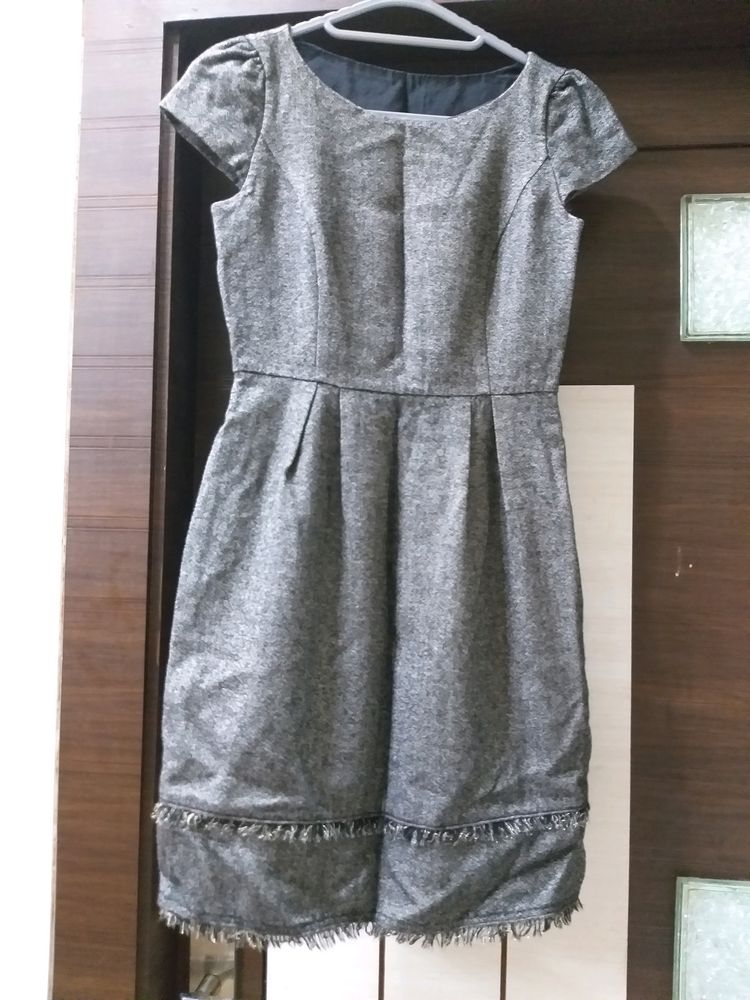 Gray Tweed Dress with Fringe