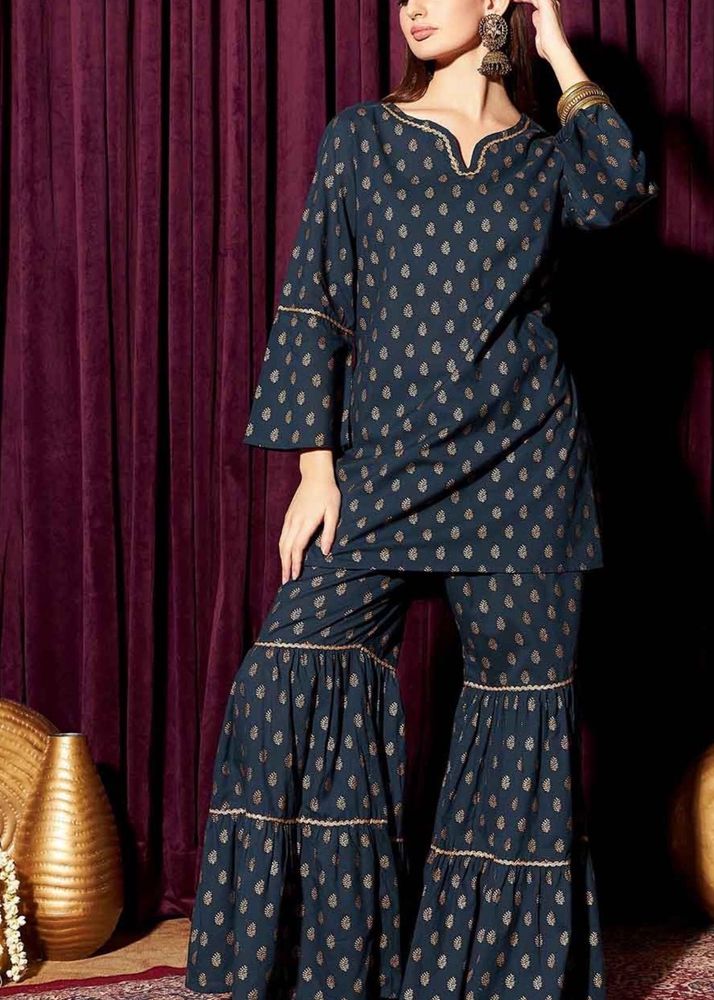 Navy &amp; Gold Printed Kurta Set