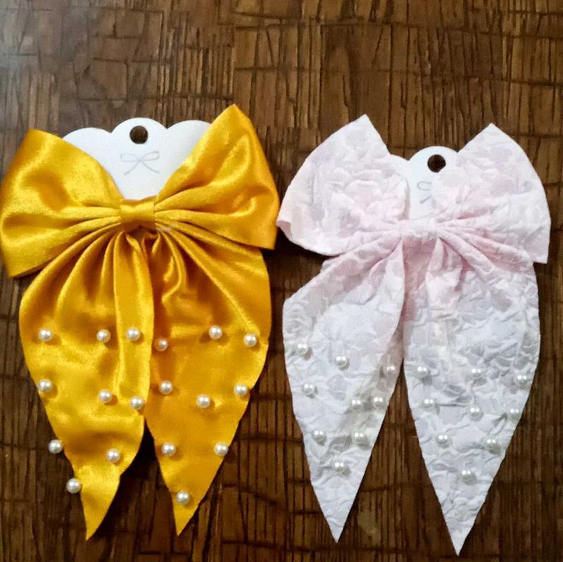 Elegant New Hair Bows – Golden &amp; White with Pearls