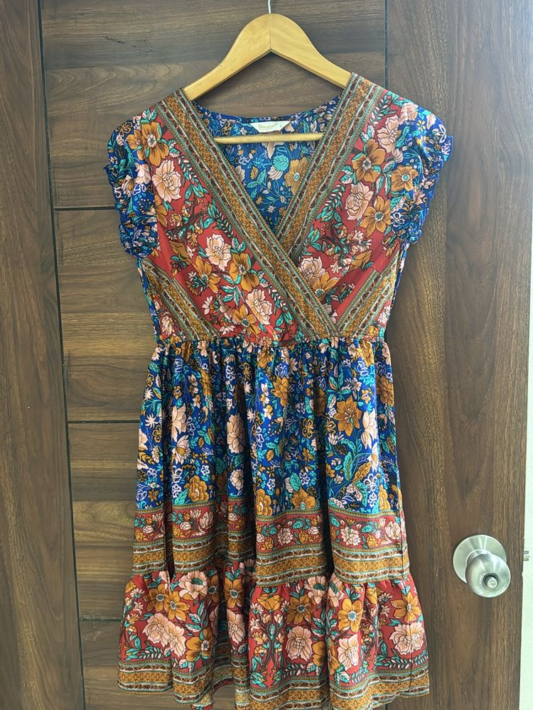 Blue &amp; Red Floral Mini Fit And Flare Dress