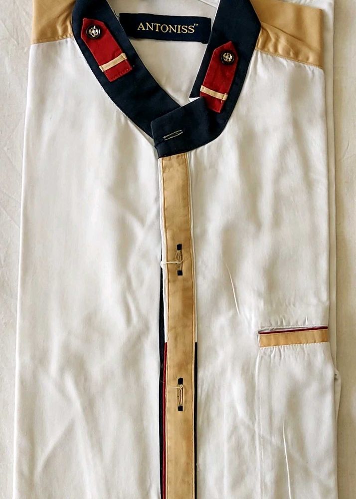 Chinese Collar White Beige Blue Shirt