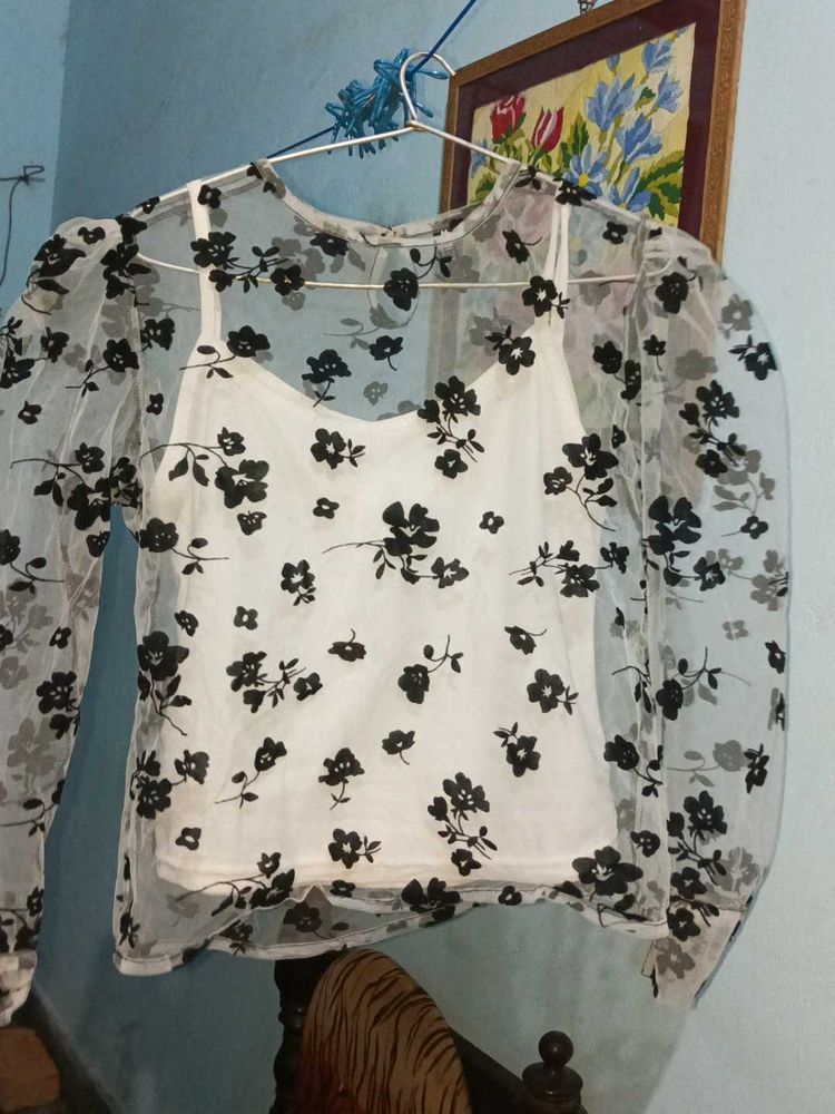 Floral Puff Sleeve Mesh Top