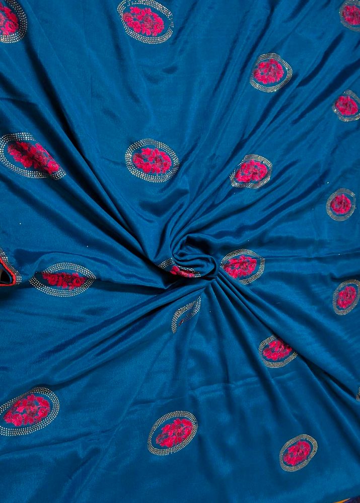 Partywear Blue Crepe Embellished Embroidered Saree